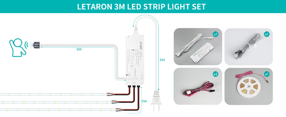 LETARON COB LED Strip Licht 24V LED Tape Licht, 480 stuks/M LEDs, Super Helder Hoge Lumen 6000K Wit 3m, Dimbaar met 3M Tape, 30W UL Voeding, TOUCH SWITCH voor Slaapkamer, Thuis, Keuken DIY