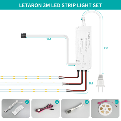 LETARON COB LED Strip Licht 24V LED Tape Licht, 480 stuks/M LEDs, Super Helder Hoge Lumen 6000K Wit 3m, Dimbaar met 3M Tape, 30W UL Voeding, TOUCH SWITCH voor Slaapkamer, Thuis, Keuken DIY